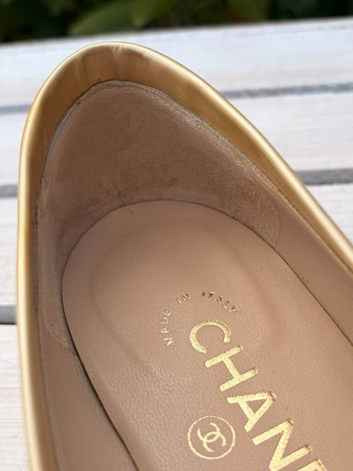 Chanel Beige Patent Leather CC Loafers - Size 38.5