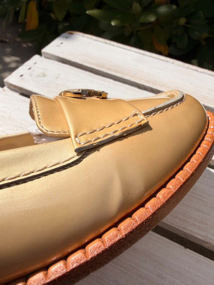 Chanel Beige Patent Leather CC Loafers - Size 38.5