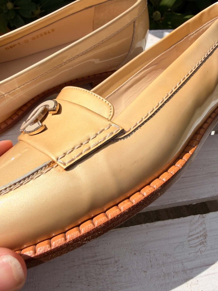 Chanel Beige Patent Leather CC Loafers - Size 38.5