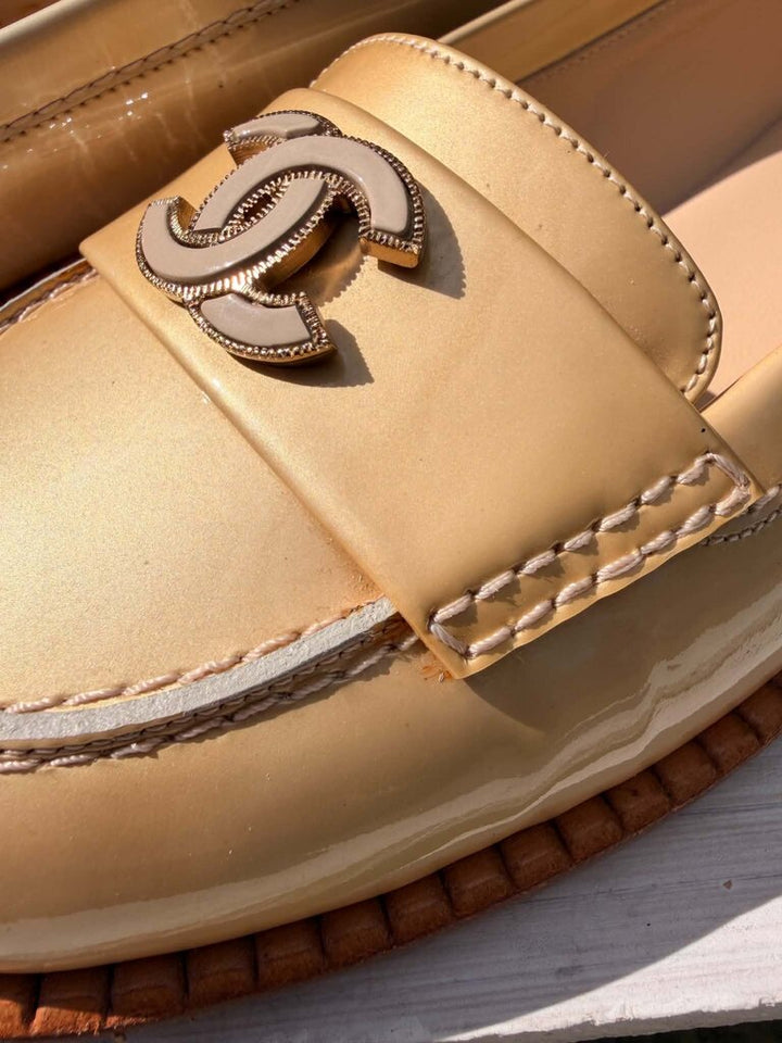 Chanel Beige Patent Leather CC Loafers - Size 38.5