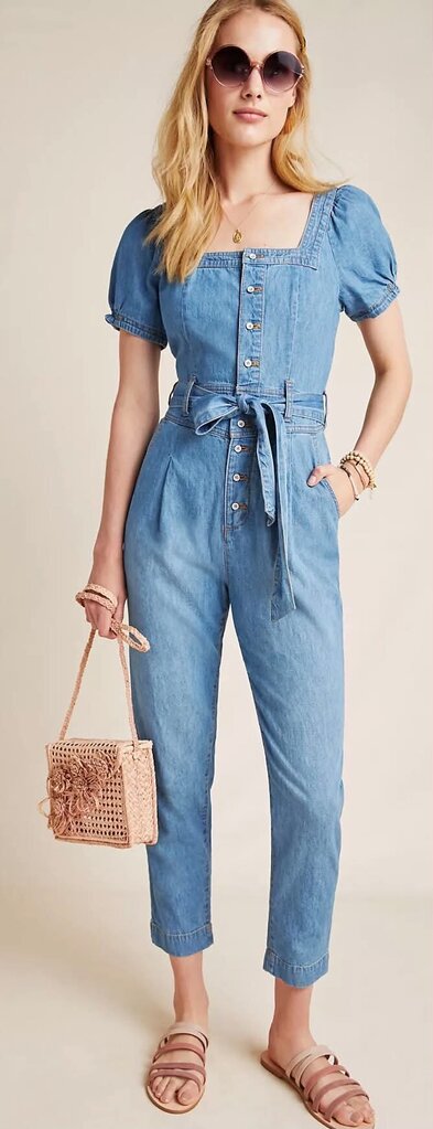 Anthropologie Pilcro Denim Puff Sleeve Square Neck Belted Aimee Jumpsuit - Size 10