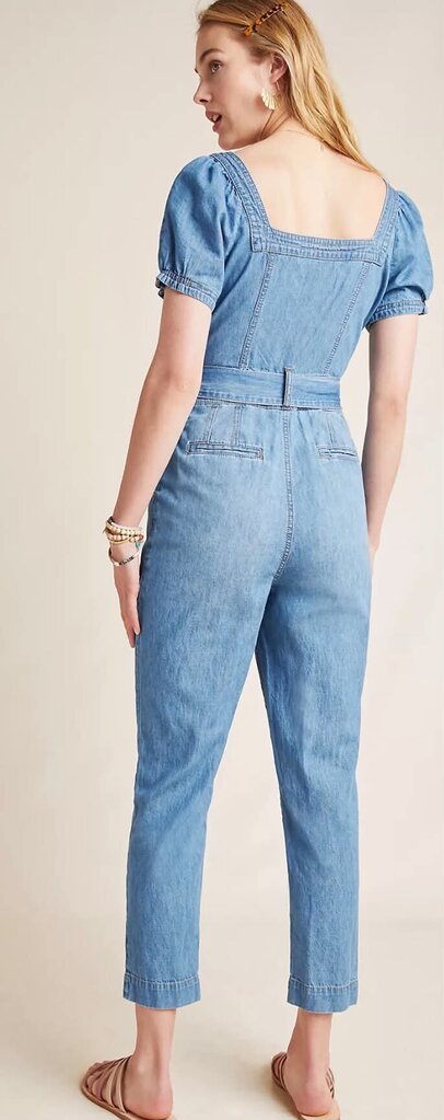 Anthropologie Pilcro Denim Puff Sleeve Square Neck Belted Aimee Jumpsuit - Size 10