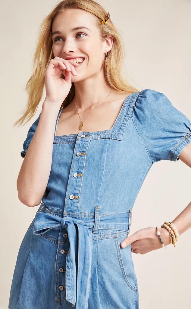 Anthropologie Pilcro Denim Puff Sleeve Square Neck Belted Aimee Jumpsuit - Size 10