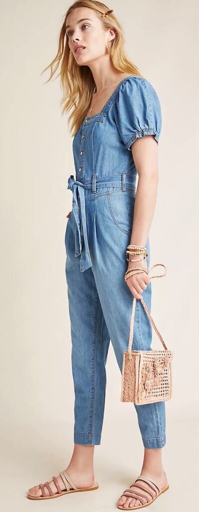 Anthropologie Pilcro Denim Puff Sleeve Square Neck Belted Aimee Jumpsuit - Size 10