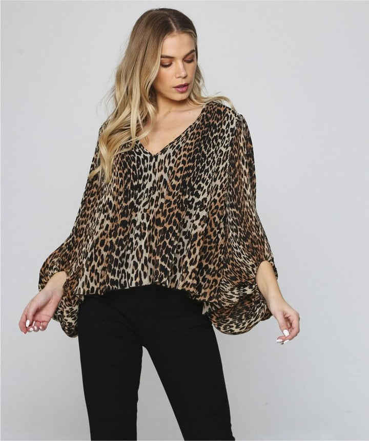 Ganni Pleated Leopard Georgette Blouse- Size Small