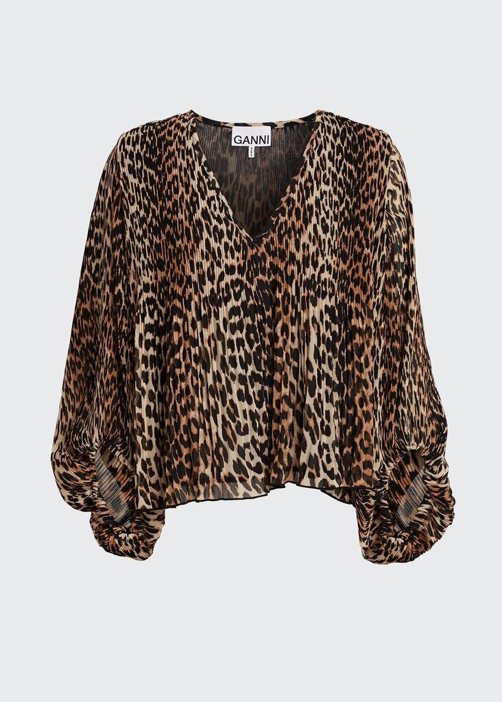 Ganni Pleated Leopard Georgette Blouse- Size Small