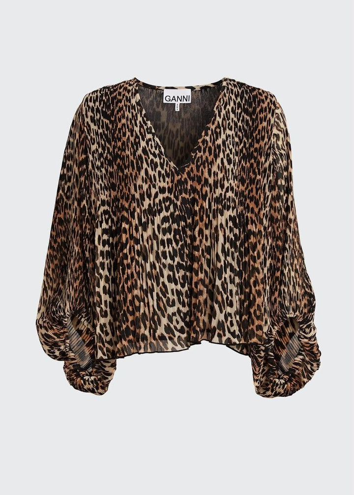 Ganni Pleated Leopard Georgette Blouse- Size Small