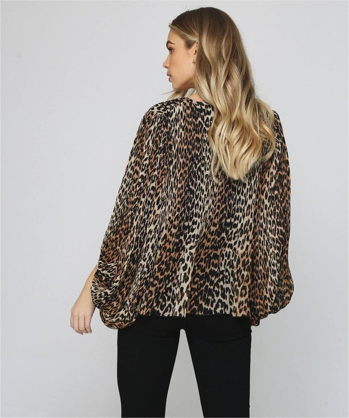 Ganni Pleated Leopard Georgette Blouse- Size Small