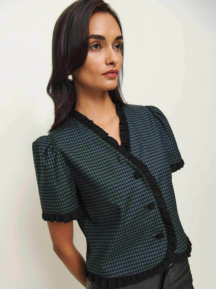 Reformation Bess Top in Dark Slate Check - Size Small (Retails for $168)