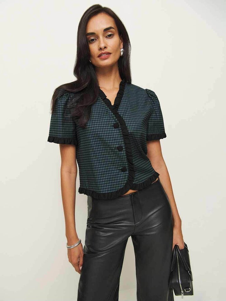 Reformation Bess Top in Dark Slate Check - Size Small (Retails for $168)