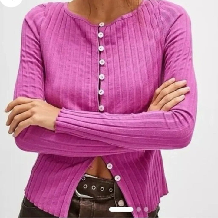 Free People Tilly Long-Sleeve Cardi Blouse Top Knit Ribbed Buttondown - Size Medium