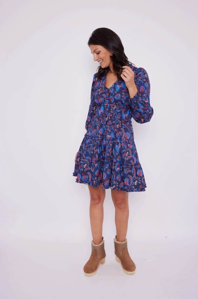 STS NWT Long Sleeve Smocked Waist Dress in Aztec Floral Blue - Size Large (Retails for $248)