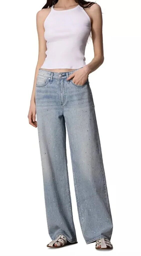Rag & Bone Logan Mid-Rise Wide Leg Jeans in Misty Rhinestone Jewel - Size 28 (Retails for $398)
