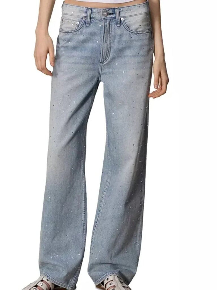 Rag & Bone Logan Mid-Rise Wide Leg Jeans in Misty Rhinestone Jewel - Size 28 (Retails for $398)