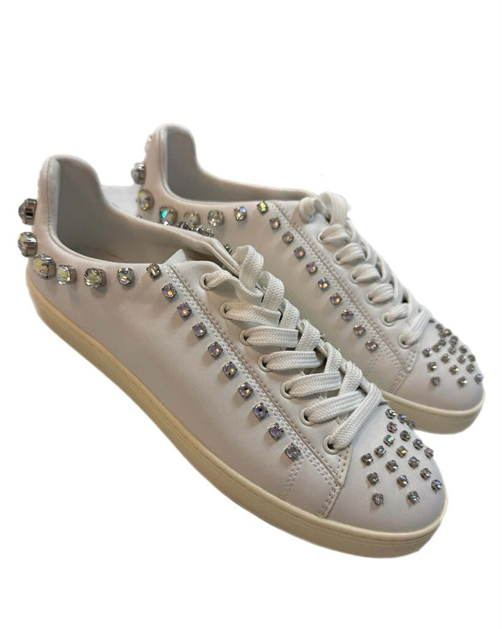 Stuart Weitzman Goldie Crystal Embellished Leather Sneaker - Size 9