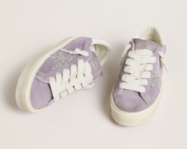Golden Goose Womens Hi Star in Purple Suede with Silver Glitter Star - Size 38