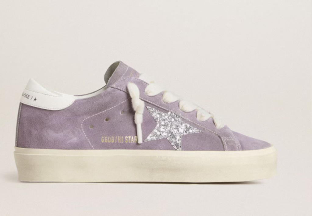 Golden Goose Womens Hi Star in Purple Suede with Silver Glitter Star - Size 38
