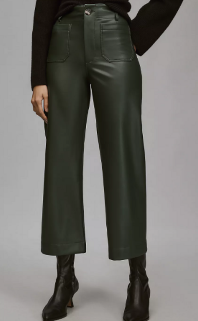 Maeve Colette Faux-Leather High-Rise Wide-Leg Cropped Pants in Dark Green - Size 25