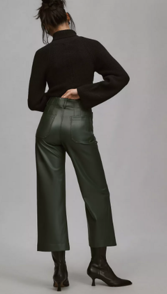 Maeve Colette Faux-Leather High-Rise Wide-Leg Cropped Pants in Dark Green - Size 25