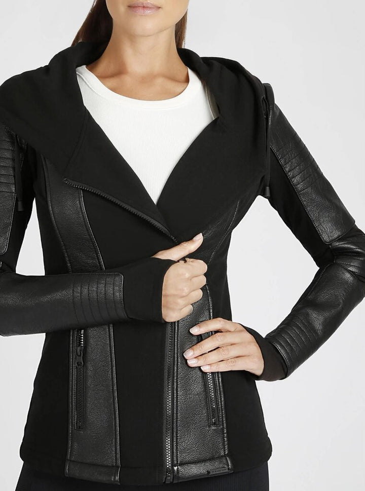 Blanc Noir Asymmetrical Hooded Moto Jacket- Size Large