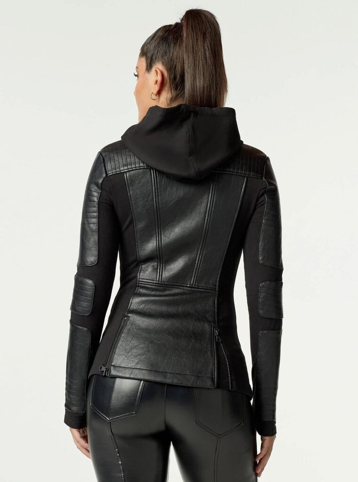 Blanc Noir Asymmetrical Hooded Moto Jacket- Size Large