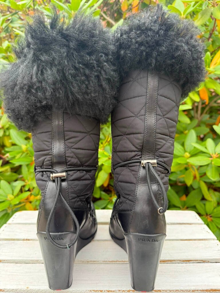Prada Vintage Quilted Nylon Wedge Boots - Size 36.5