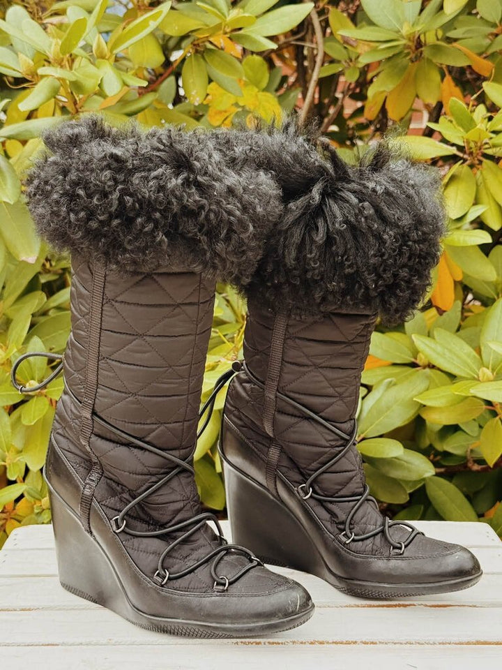 Prada Vintage Quilted Nylon Wedge Boots - Size 36.5