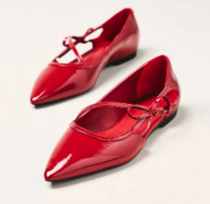 Maeve Pointed Toe Side Strap Bow Flats in Red - Size 38
