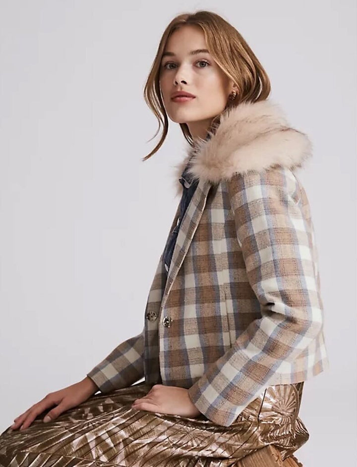 Anthropologie Unreal Fur Plaid Faux Fur-Trimmed Jacket - Size Small