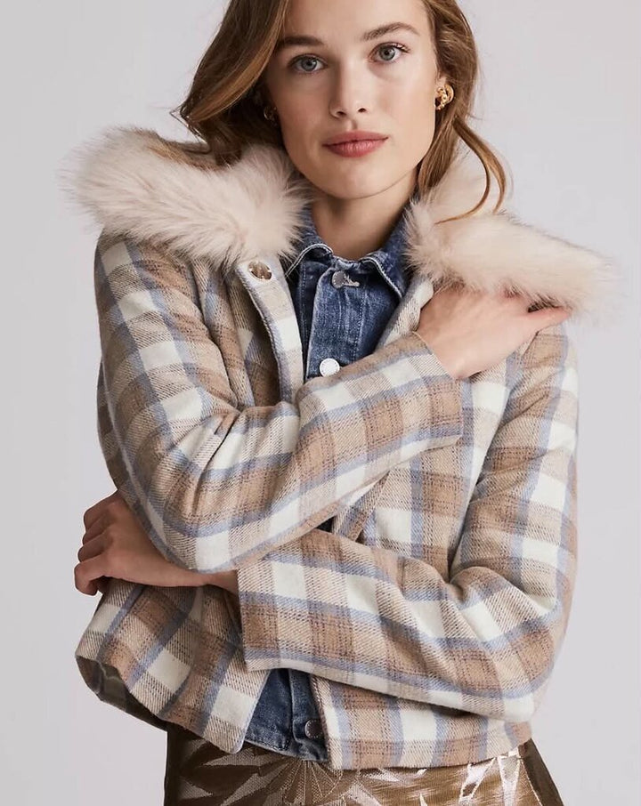 Anthropologie Unreal Fur Plaid Faux Fur-Trimmed Jacket - Size Small