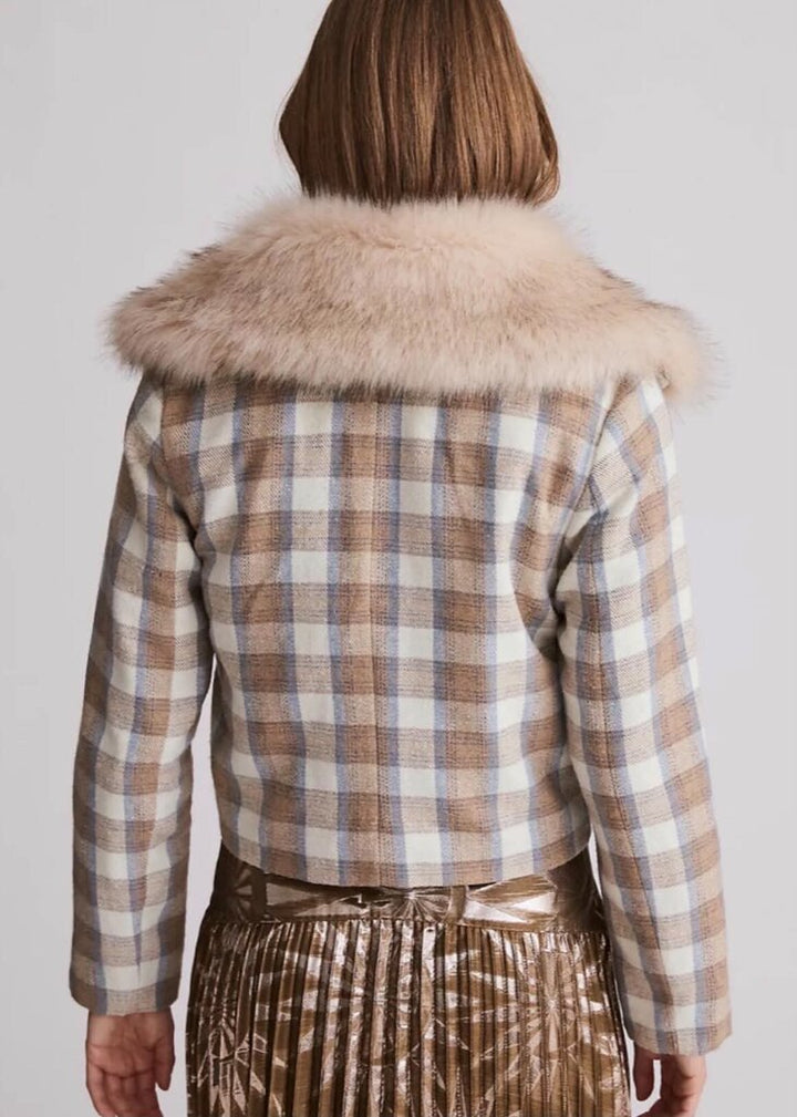 Anthropologie Unreal Fur Plaid Faux Fur-Trimmed Jacket - Size Small