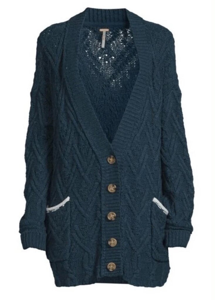 Free People Montana Cable Cardigan In Varsity Navy - Size Small