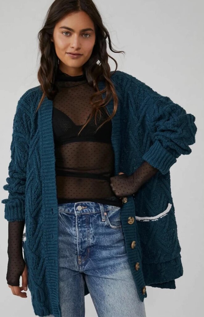Free People Montana Cable Cardigan In Varsity Navy - Size Small