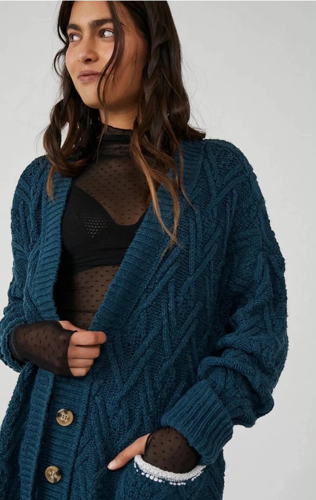 Free People Montana Cable Cardigan In Varsity Navy - Size Small
