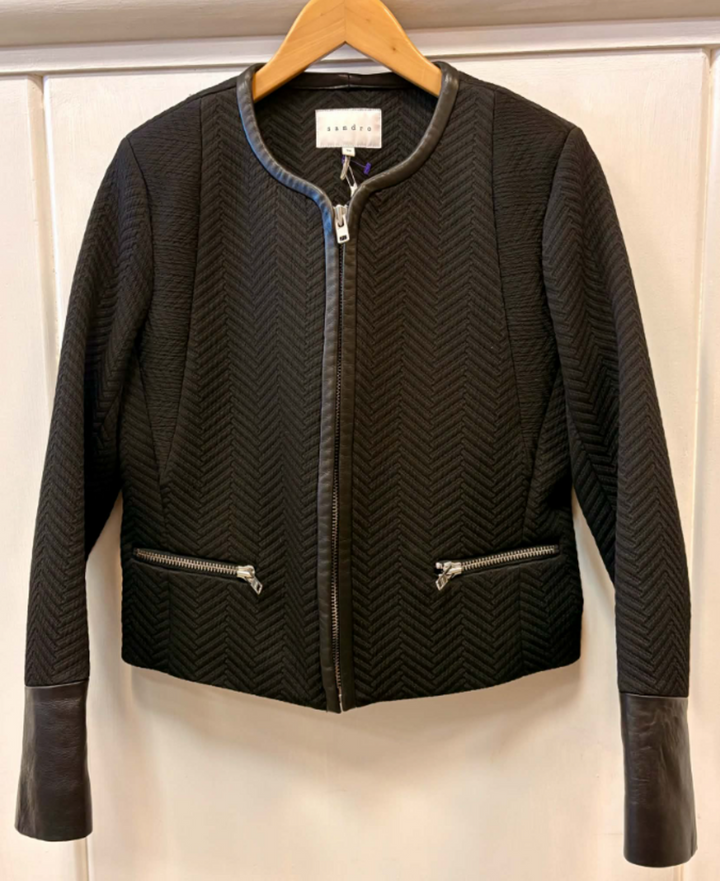 Sandro Leather Trim Zip-Up Jacket - Size 38