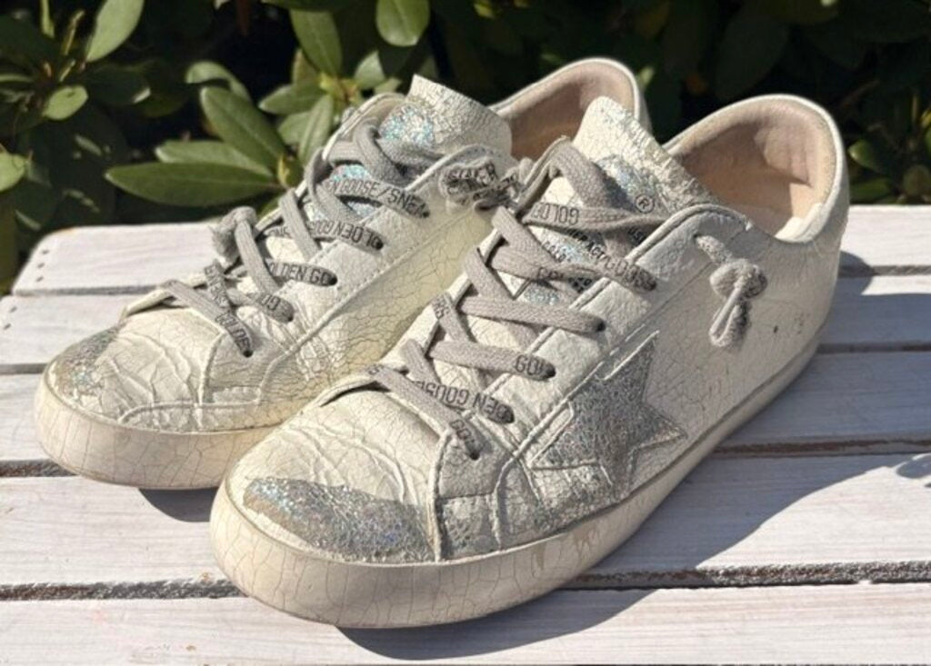 Golden Goose Plaster Superstar Sneakers in White and Silver - Size 39