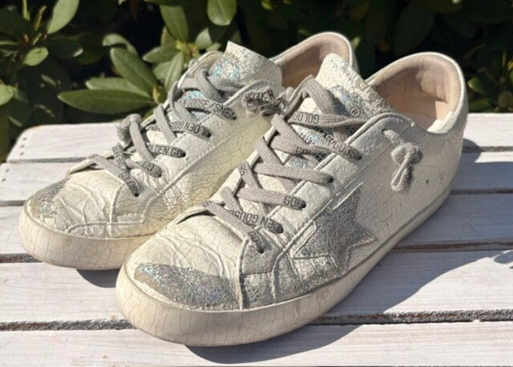 Golden Goose Plaster Superstar Sneakers in White and Silver - Size 39