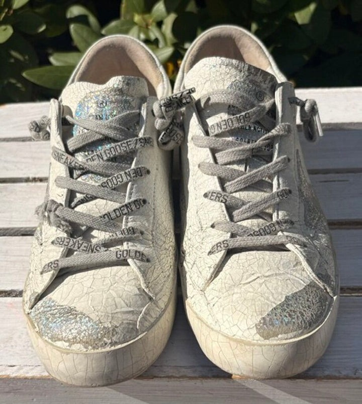 Golden Goose Plaster Superstar Sneakers in White and Silver - Size 39
