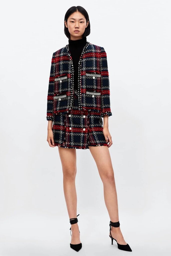 Zara NWT Round Neck Plaid Tweed Jacket - Size Large (Retails for $129)