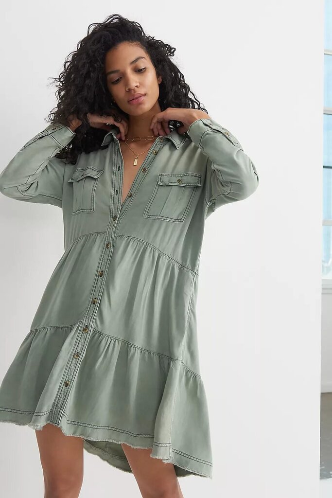 Pilcro Deanne Tiered Mini Shirtdress in Green - Size XXS