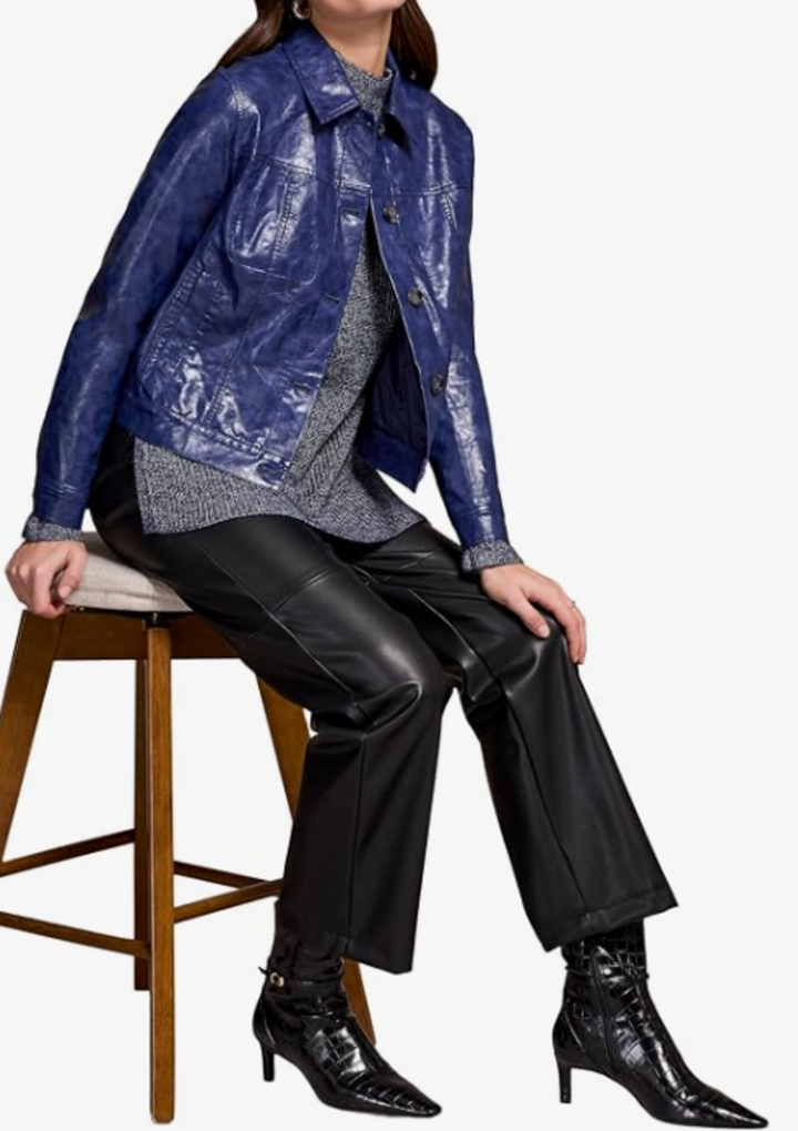 Tribal NWT Faux Leather Button Front Jacket in Dark Lapis Blue - Size Large