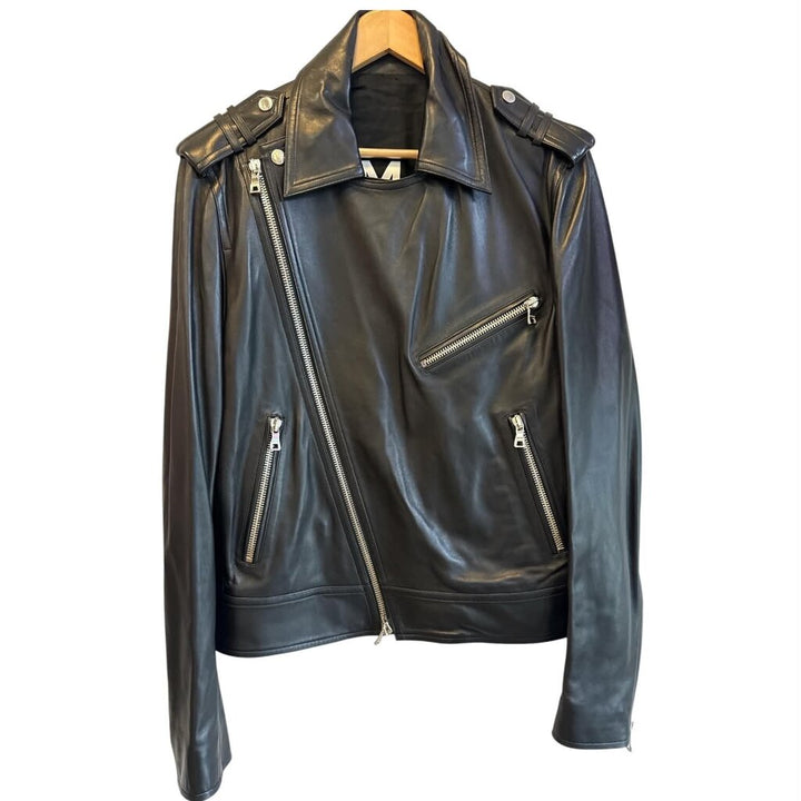 Balmain Paris Asymmetric Biker Moto Leather Jacket - Size Small