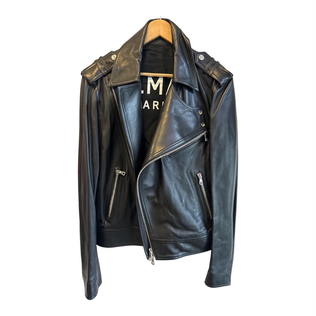Balmain Paris Asymmetric Biker Moto Leather Jacket - Size Small