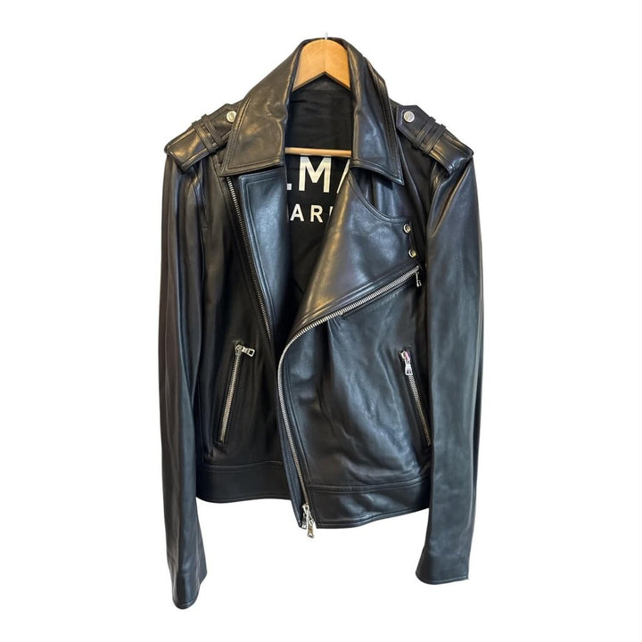 Balmain Paris Asymmetric Biker Moto Leather Jacket - Size Small