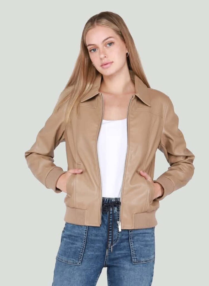 Black Tape Light Camel Faux Leather Bomber Jacket - Size XS