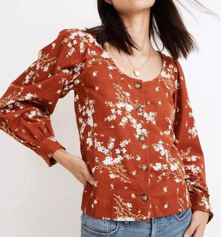 Madewell Corduroy Shirred-Sleeve Button-Front Top in Farmstand Bouquet - Size Medium