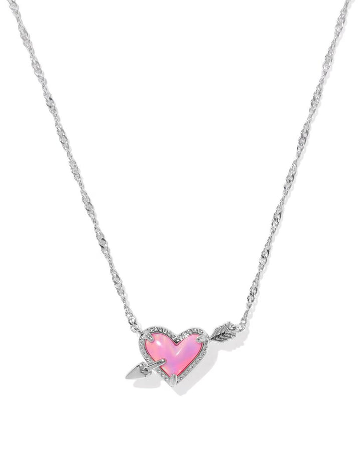 Kendra Scott NWT Ari Heart Arrow Silver Short Pendant Necklace in Pink Opalescent Resin (Retails for $80)