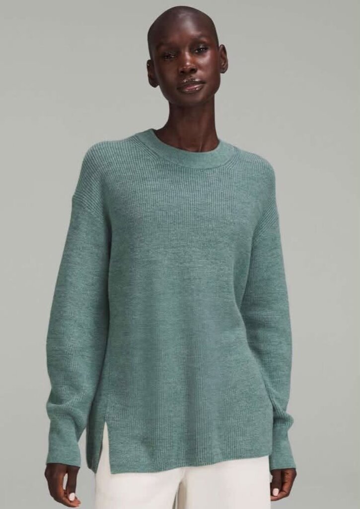 Lululemon Merino Wool-Blend Ribbed Crewneck Sweater In Heathered Tidewater Teal - Size 0 (Retails For $128)
