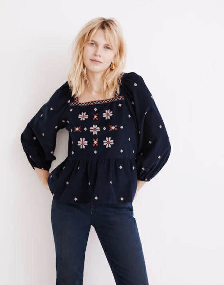 Madewell Embroidered Corduroy Button-Back Peplum Top - Size XL