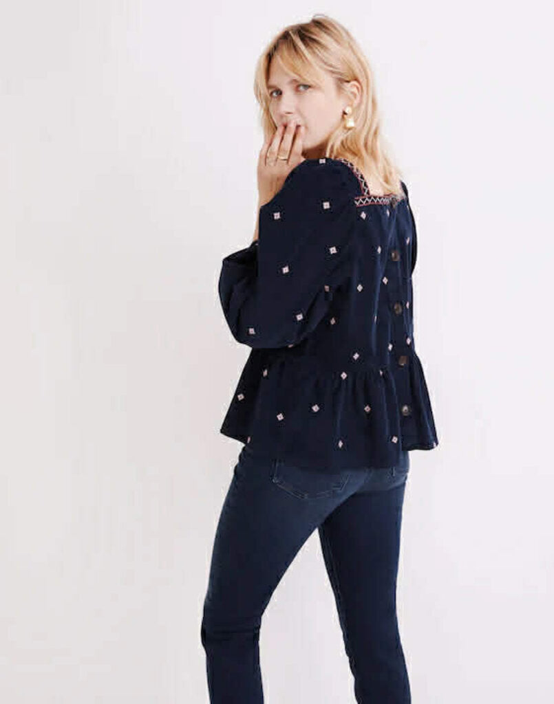 Madewell Embroidered Corduroy Button-Back Peplum Top - Size XL